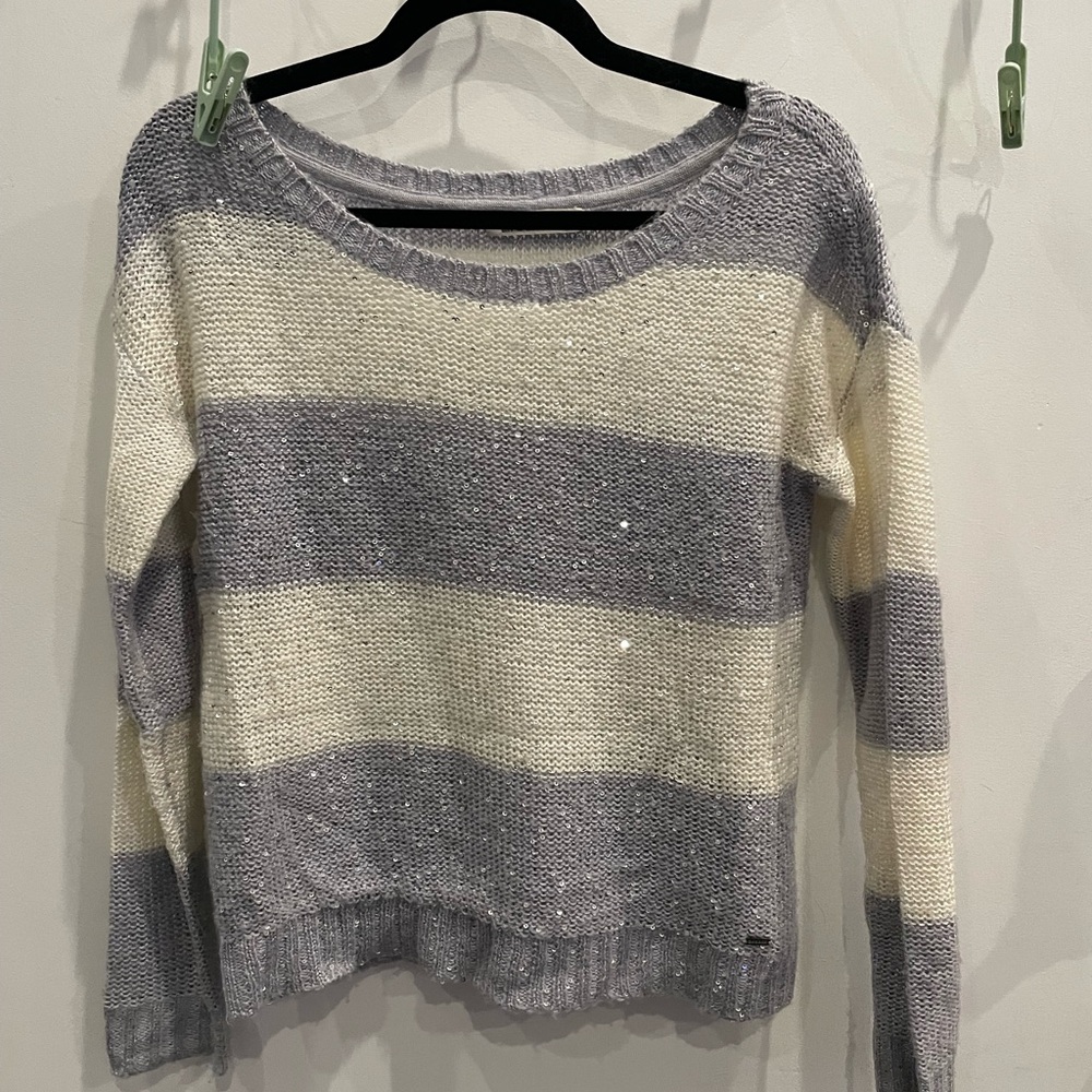 Periwinkle and Cream Crew Neck Striped Sequin Sweater